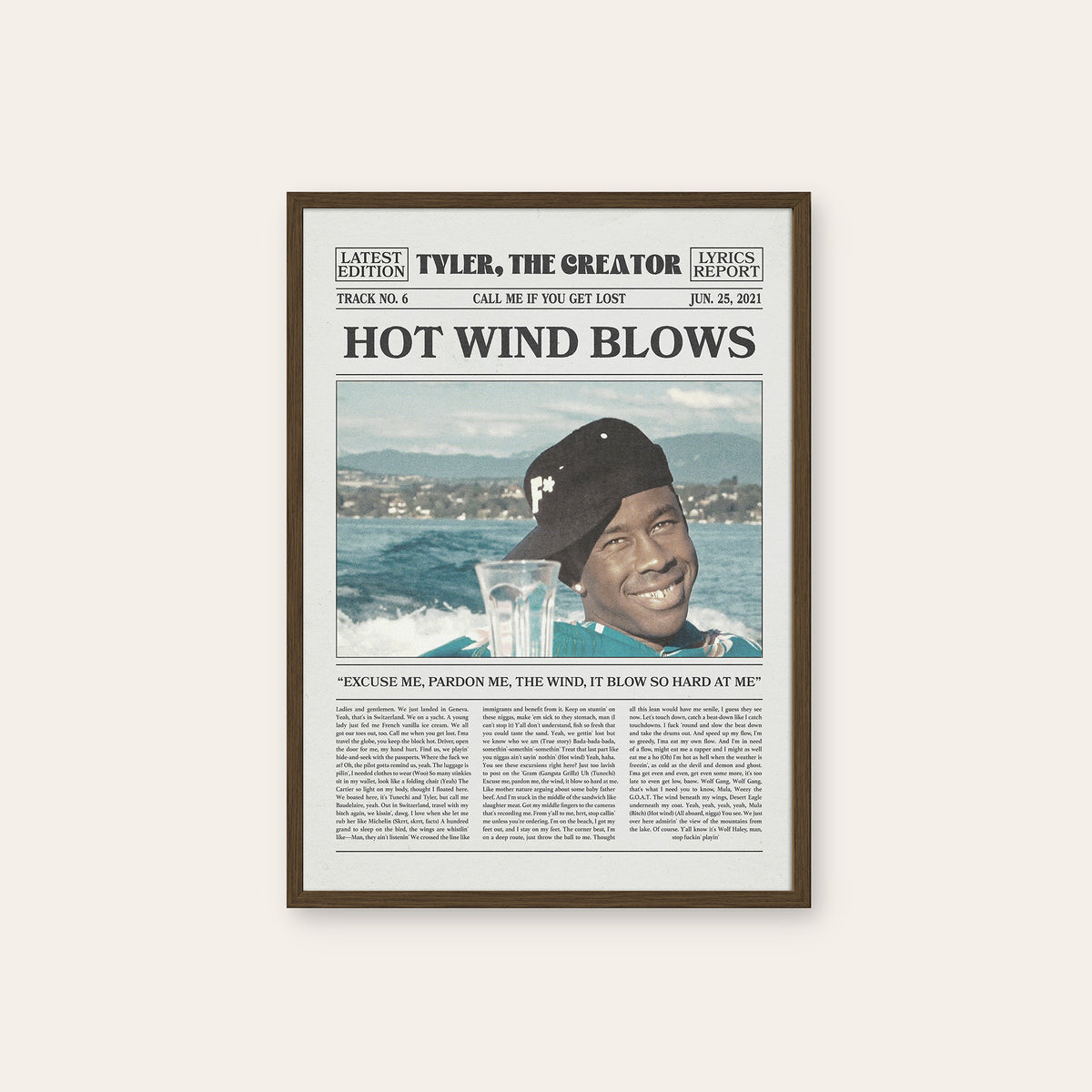 Tyler, the Creator Hot Wind Blows newspaper poster — dark wood frame