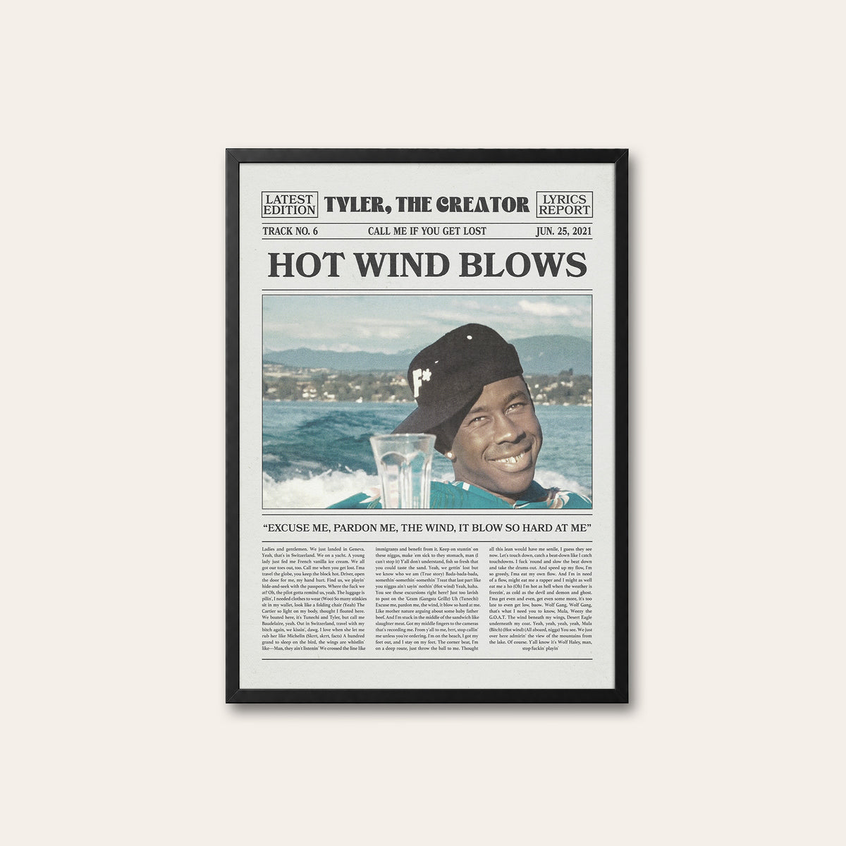 Tyler, the Creator Hot Wind Blows newspaper poster — black frame