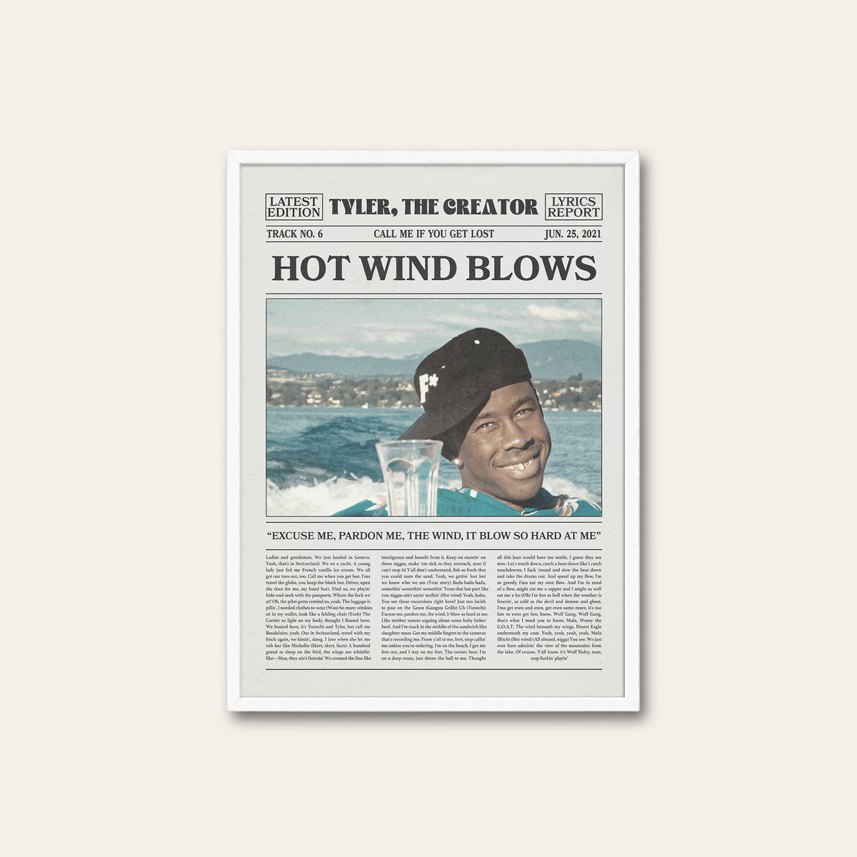 Tyler, the Creator Hot Wind Blows newspaper poster — white frame