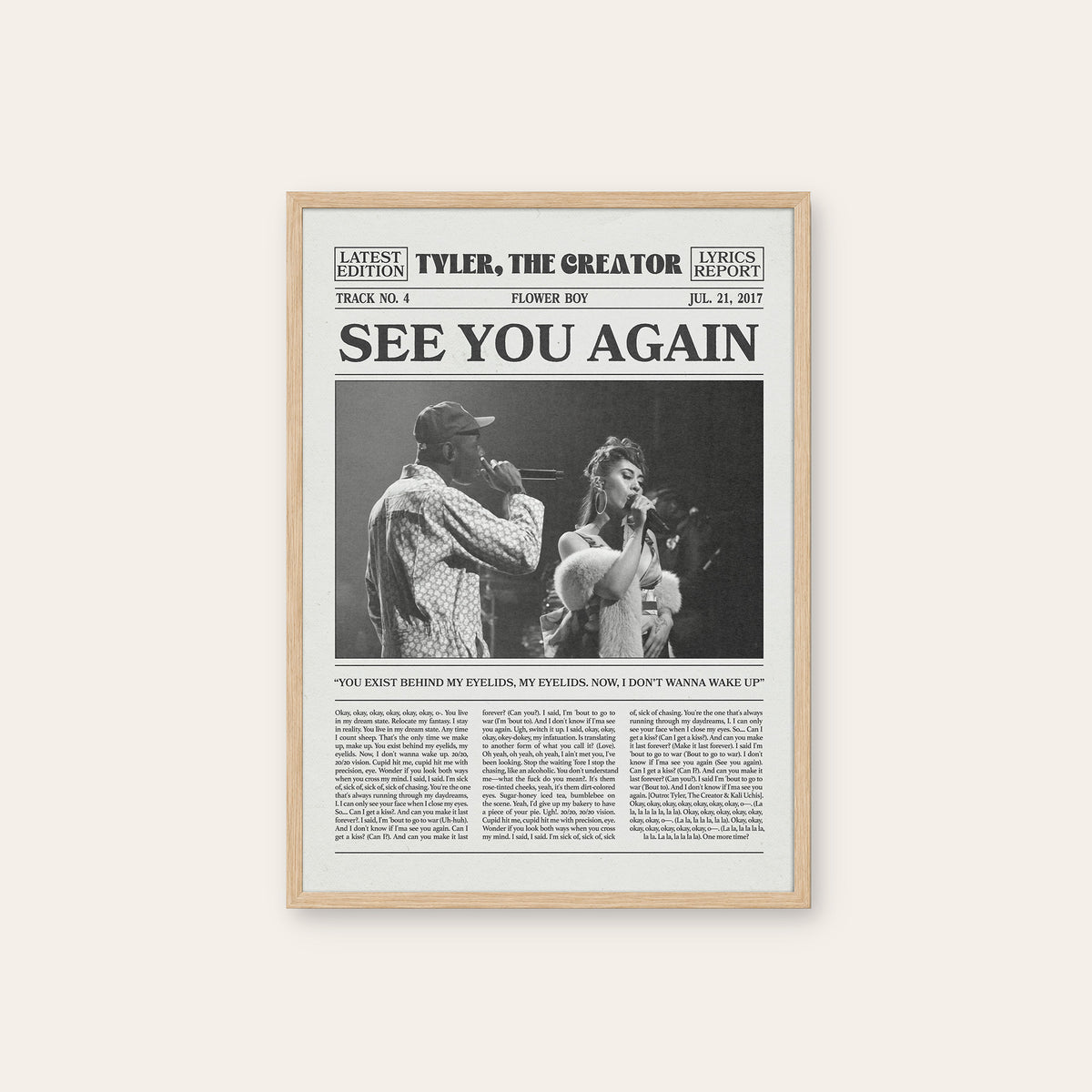 Tyler, the Creator See You Again newspaper poster, Duo — natural wood frame