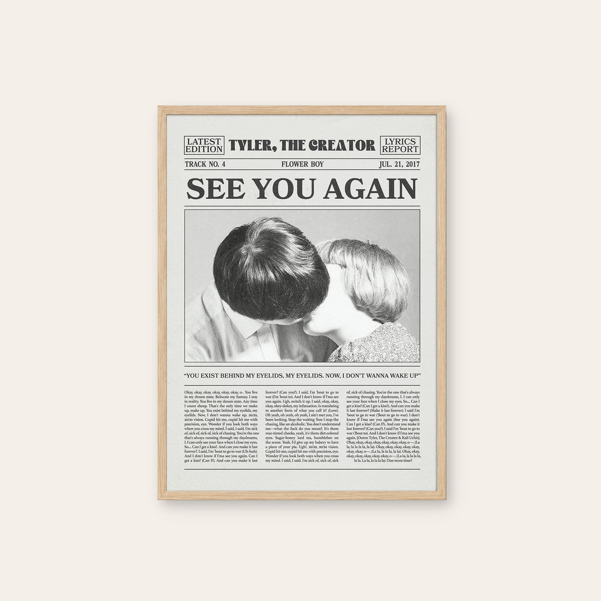 Tyler, the Creator See You Again newspaper poster, Couple — natural wood frame
