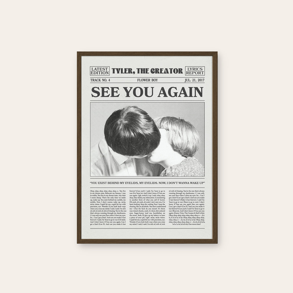 Tyler, the Creator See You Again newspaper poster, Couple — dark wood frame