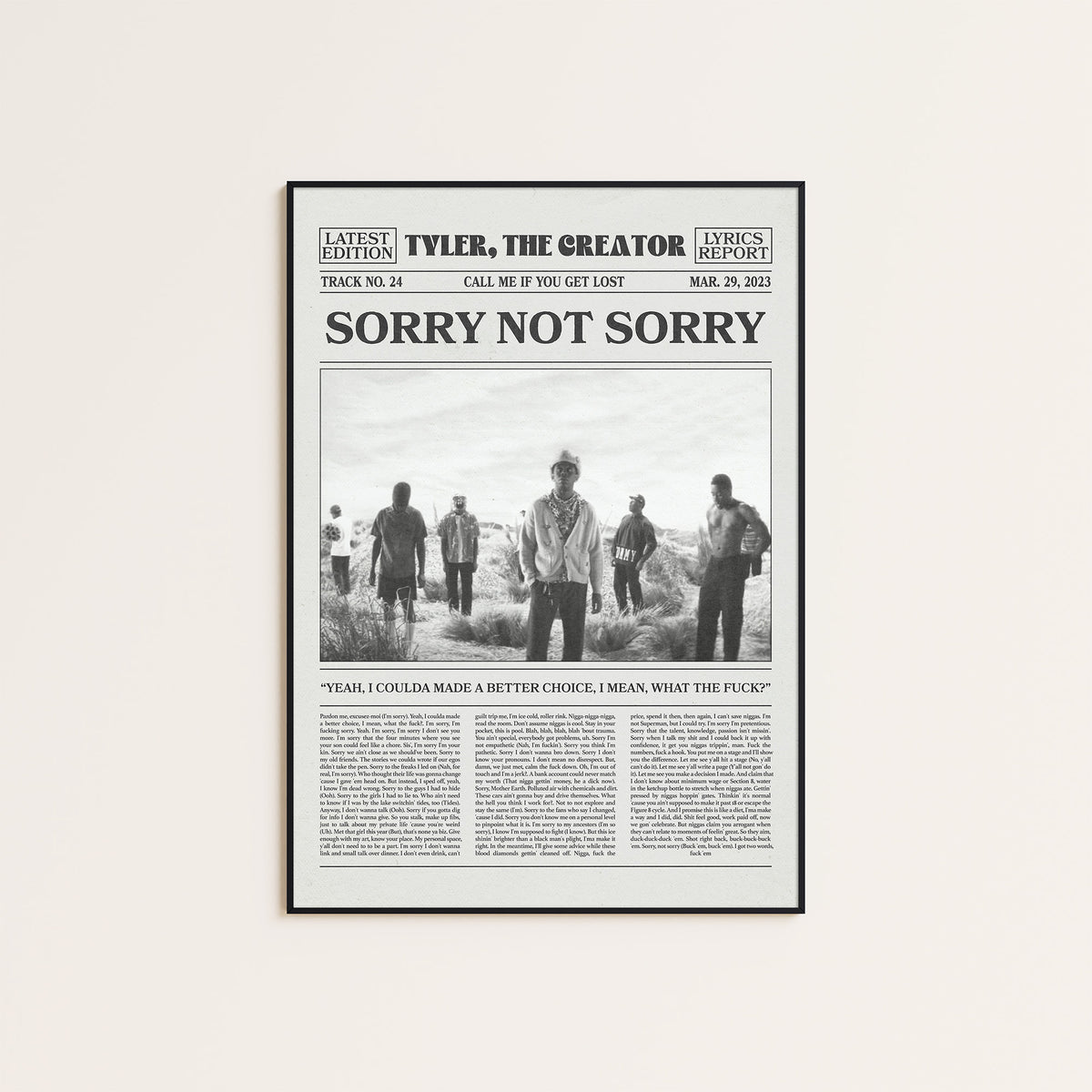 Tyler, the Creator Sorry Not Sorry newspaper poster, Group — black frame display