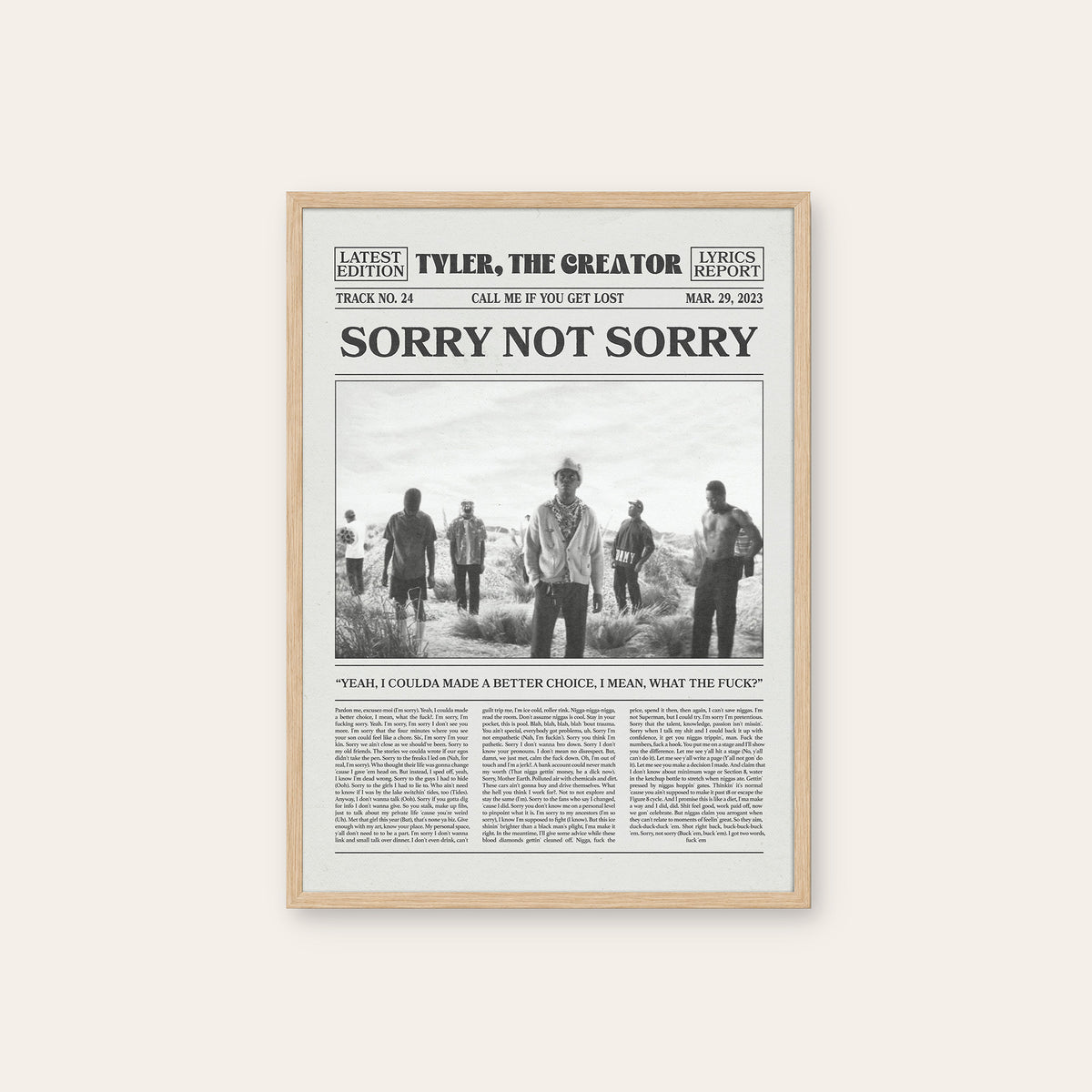 Tyler, the Creator Sorry Not Sorry newspaper poster, Group — natural wood frame