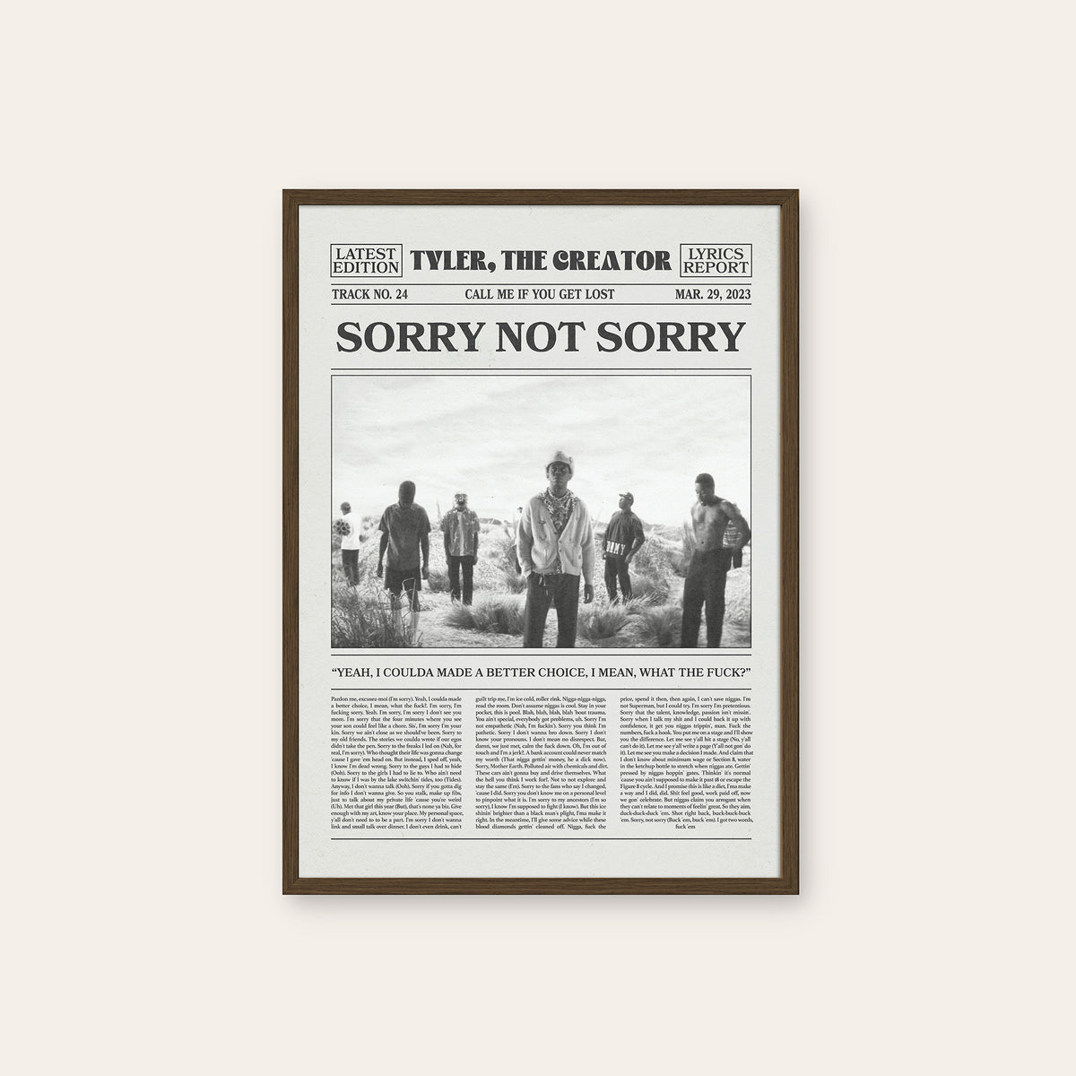 Tyler, the Creator Sorry Not Sorry newspaper poster, Group — dark wood frame