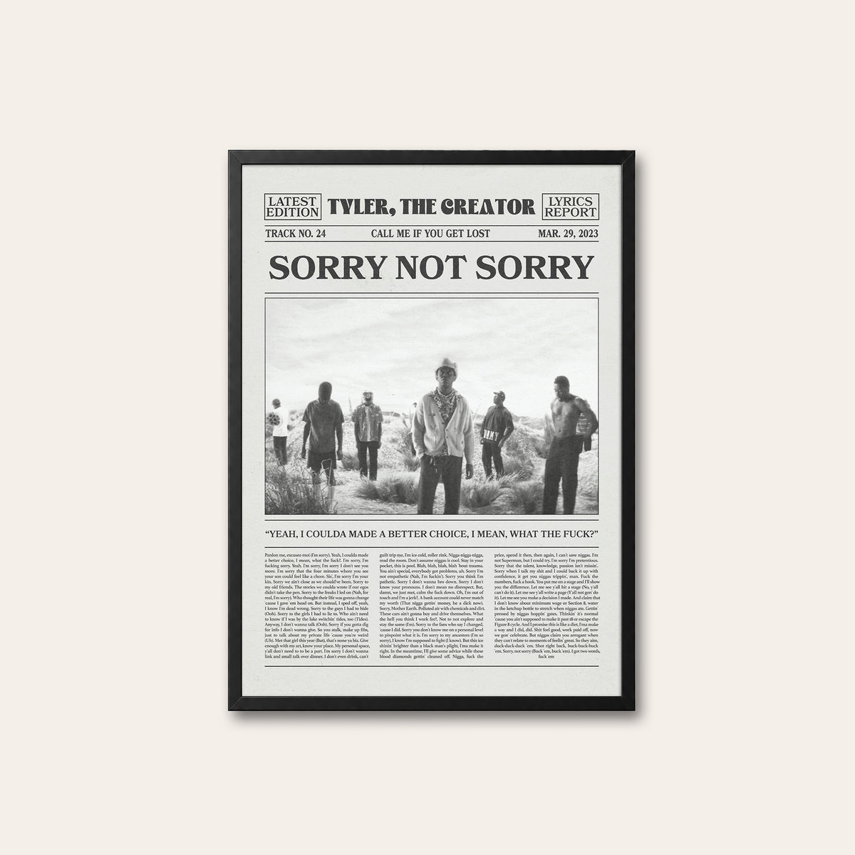 Tyler, the Creator Sorry Not Sorry newspaper poster, Group — black frame