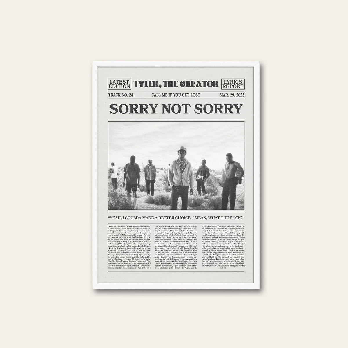 Tyler, the Creator Sorry Not Sorry newspaper poster, Group — white frame
