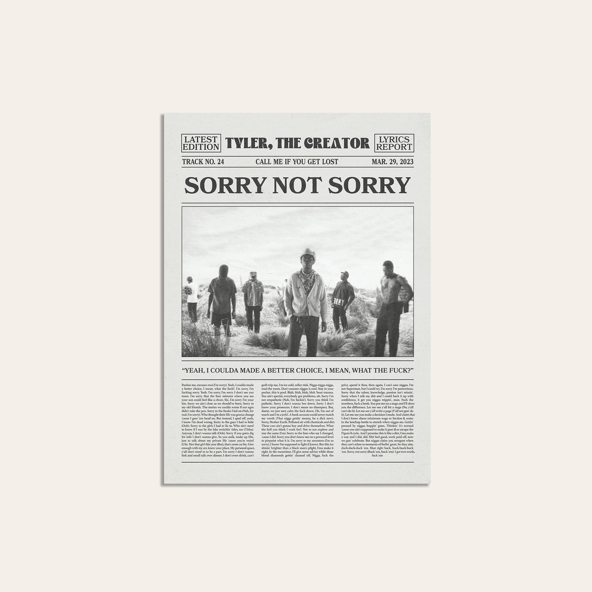 Tyler, the Creator Sorry Not Sorry newspaper poster, Group — unframed print