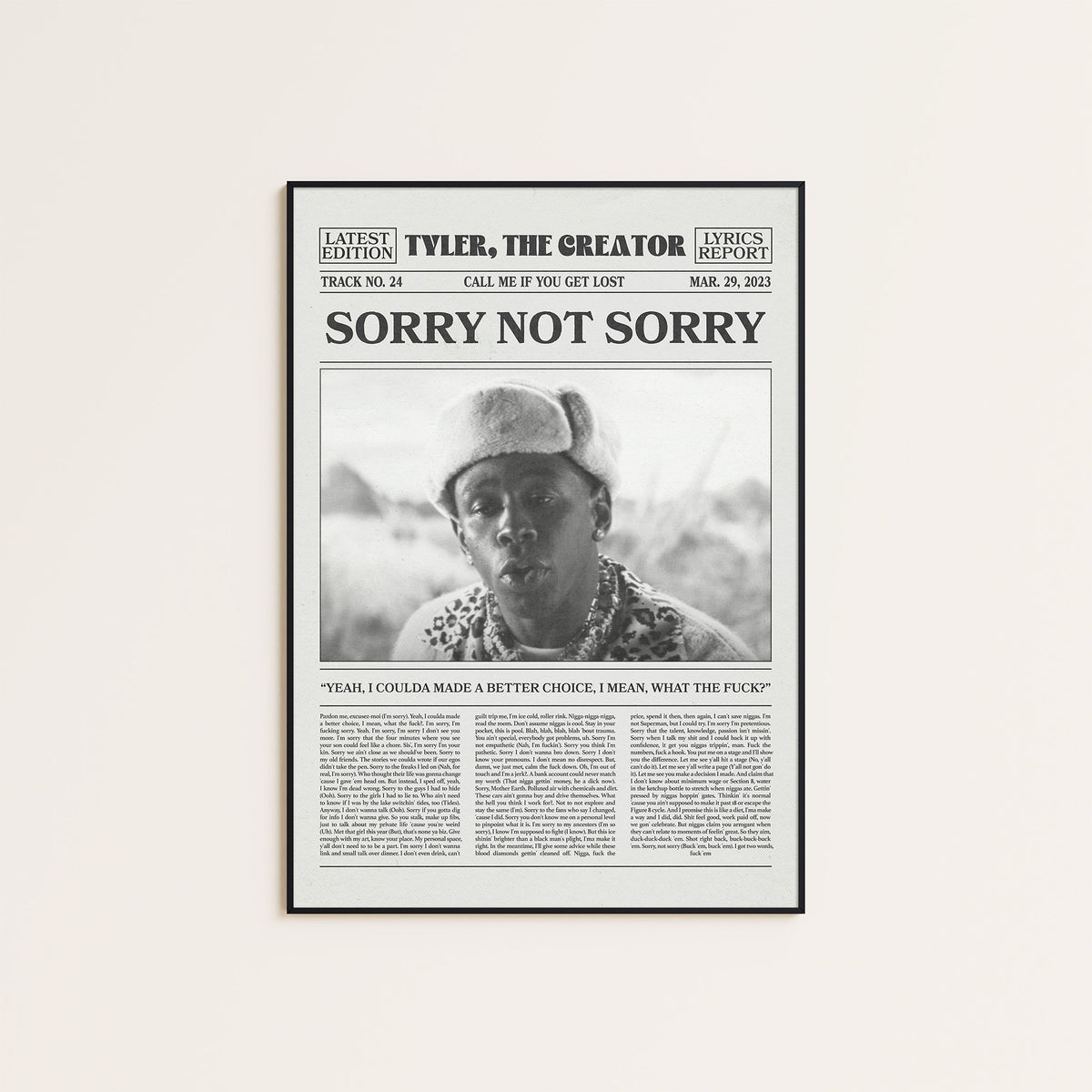 Tyler, the Creator Sorry Not Sorry newspaper poster, Cap — black frame display