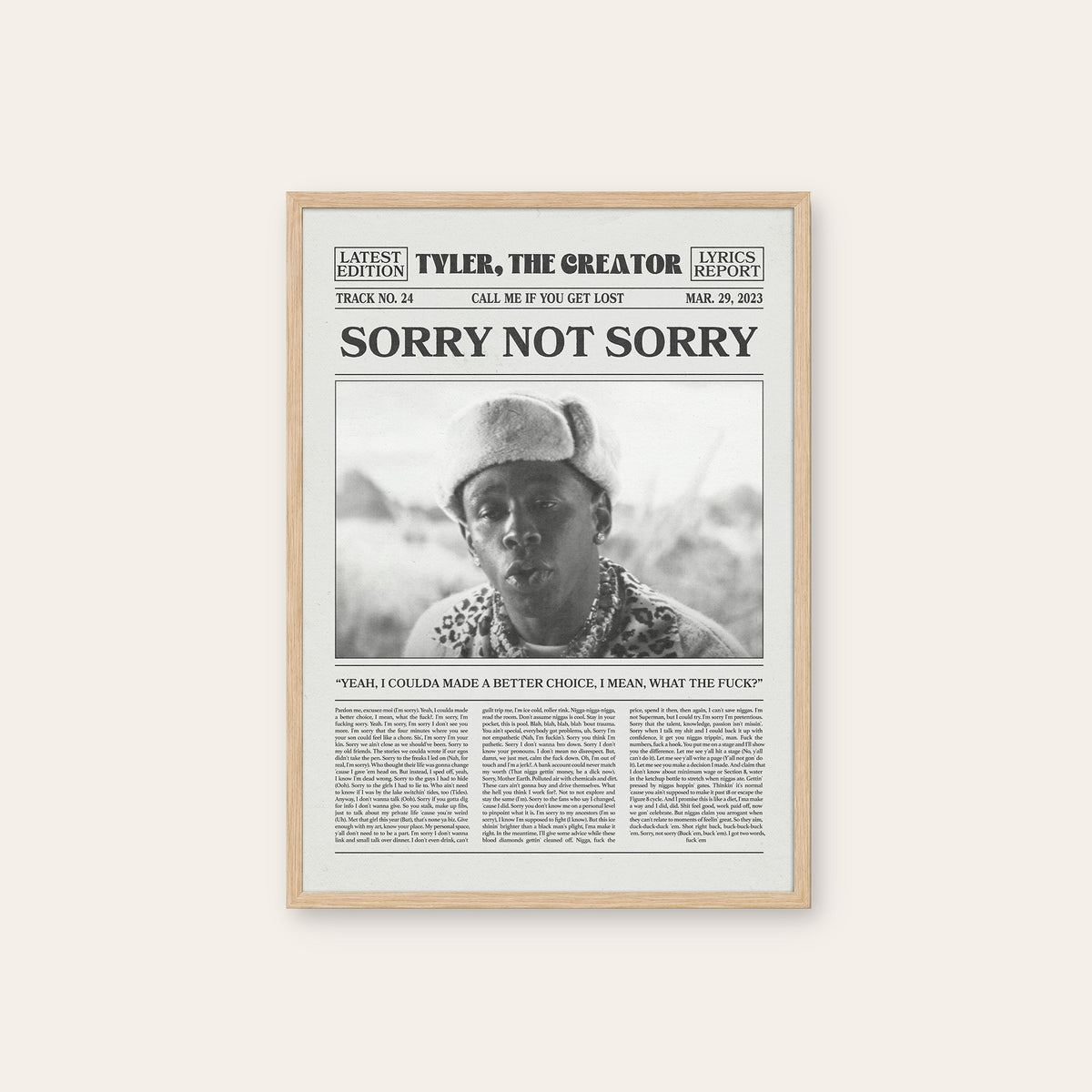 Tyler, the Creator Sorry Not Sorry newspaper poster, Cap — natural wood frame