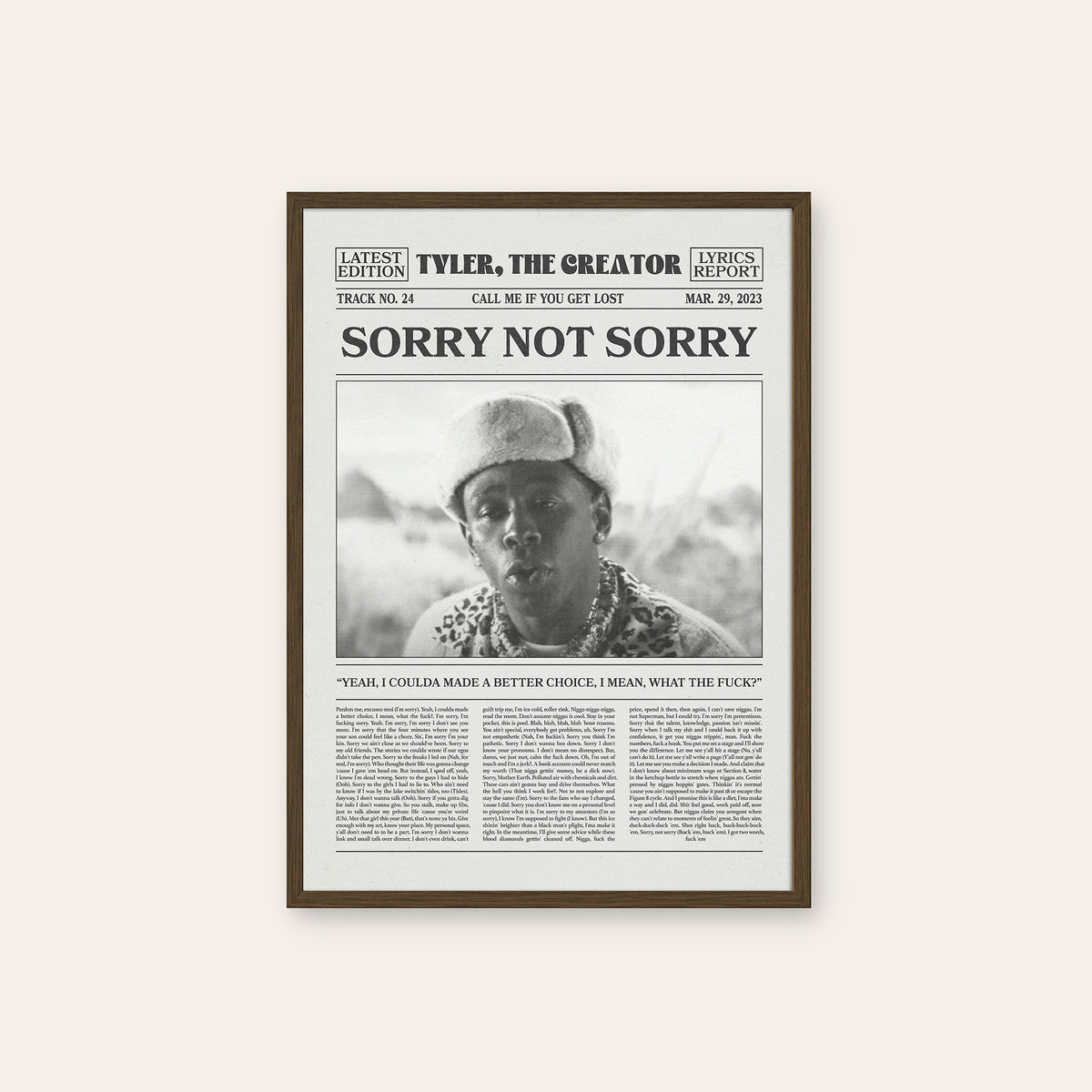 Tyler, the Creator Sorry Not Sorry newspaper poster, Cap — dark wood frame