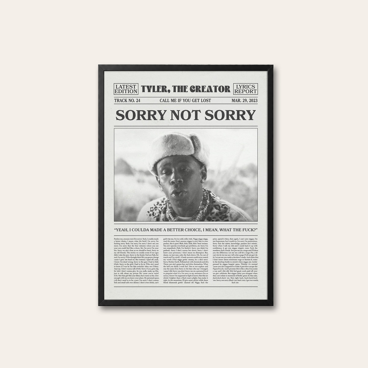 Tyler, the Creator Sorry Not Sorry newspaper poster, Cap — black frame