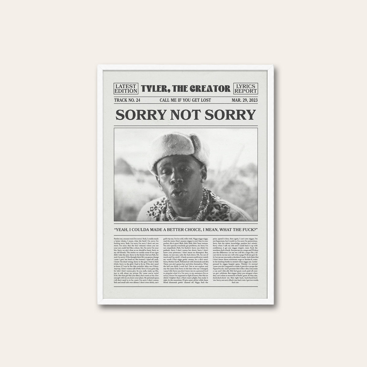 Tyler, the Creator Sorry Not Sorry newspaper poster, Cap — white frame