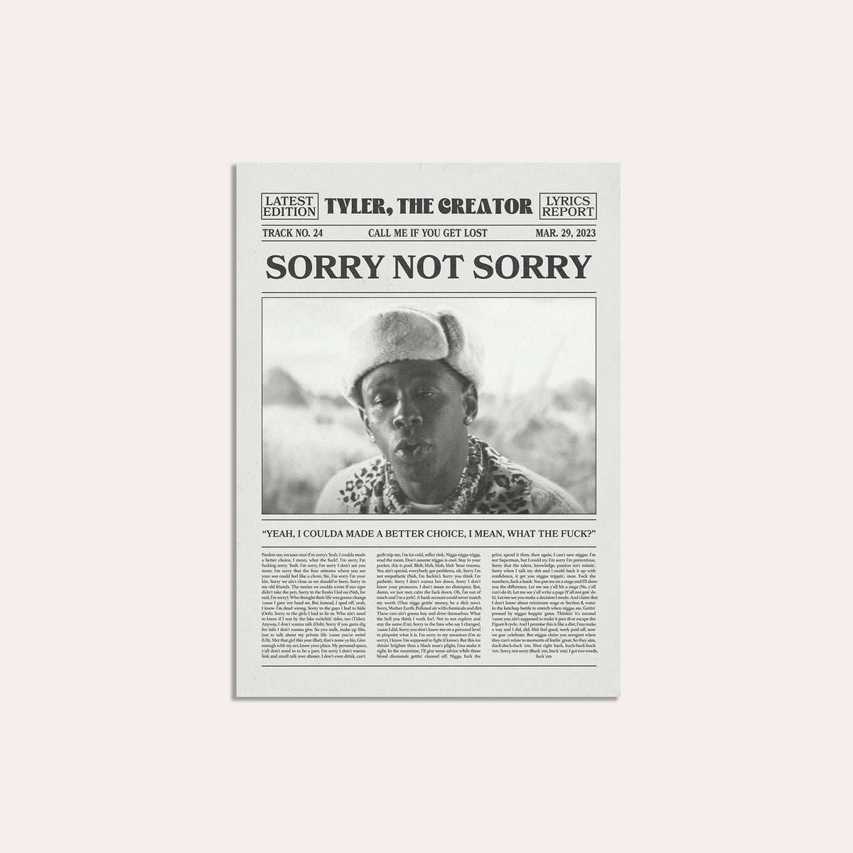 Tyler, the Creator Sorry Not Sorry newspaper poster, Cap — unframed print