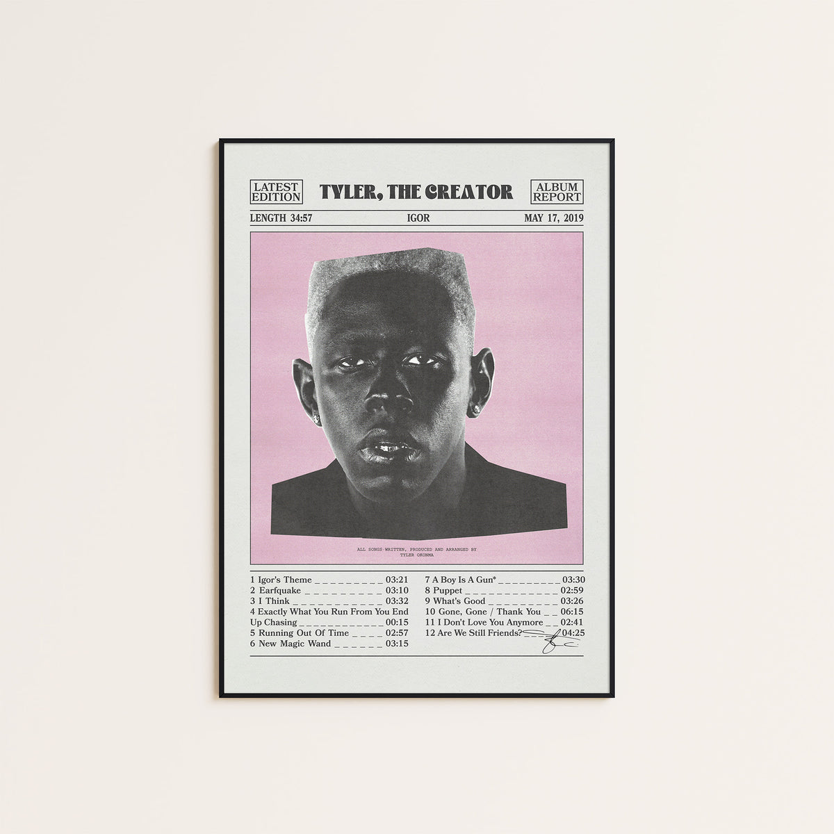 Tyler, the Creator Igor newspaper poster, Pink Tracklist — black frame display