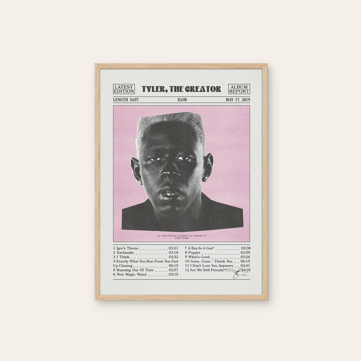 Tyler, the Creator Igor newspaper poster, Pink Tracklist — natural wood frame