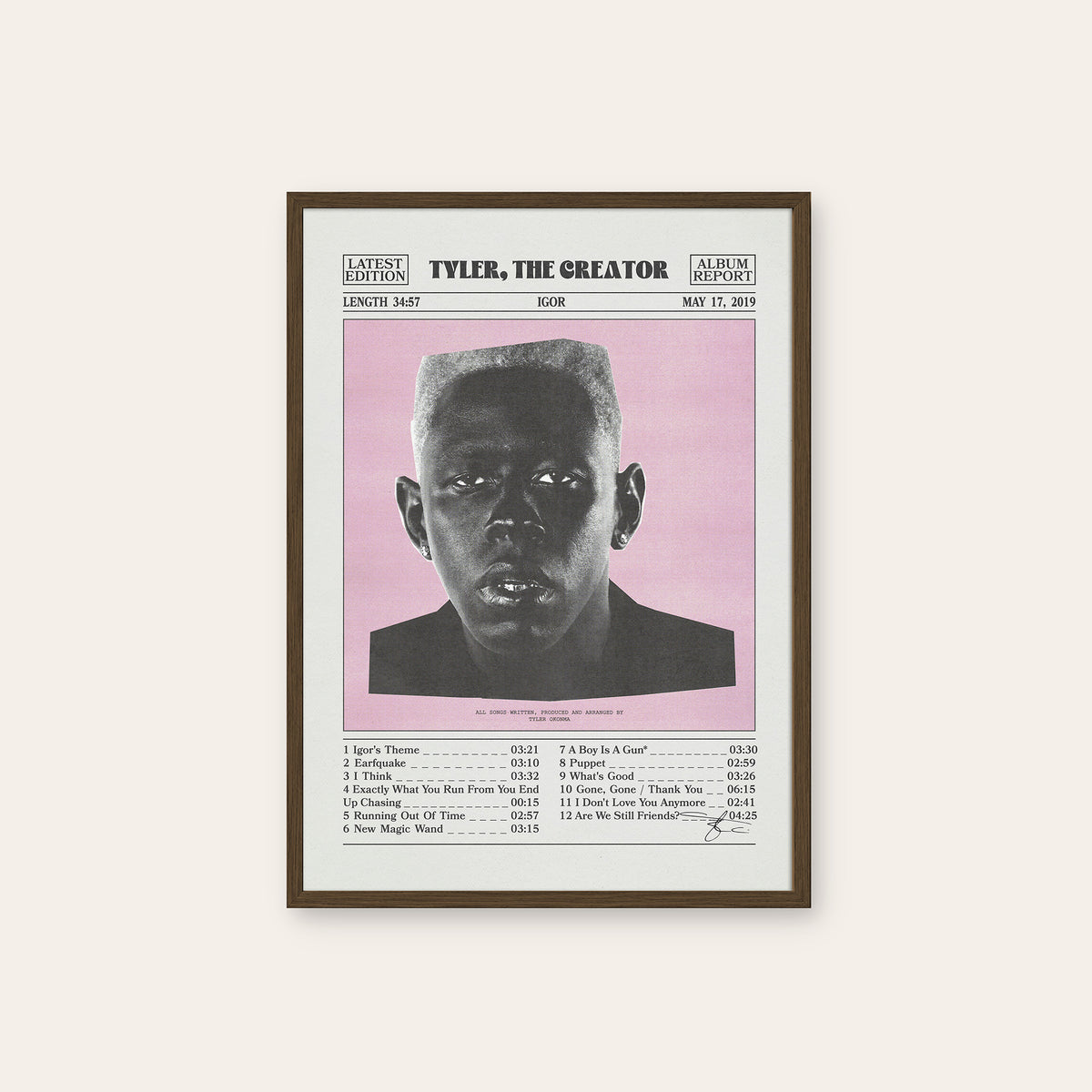 Tyler, the Creator Igor newspaper poster, Pink Tracklist — dark wood frame