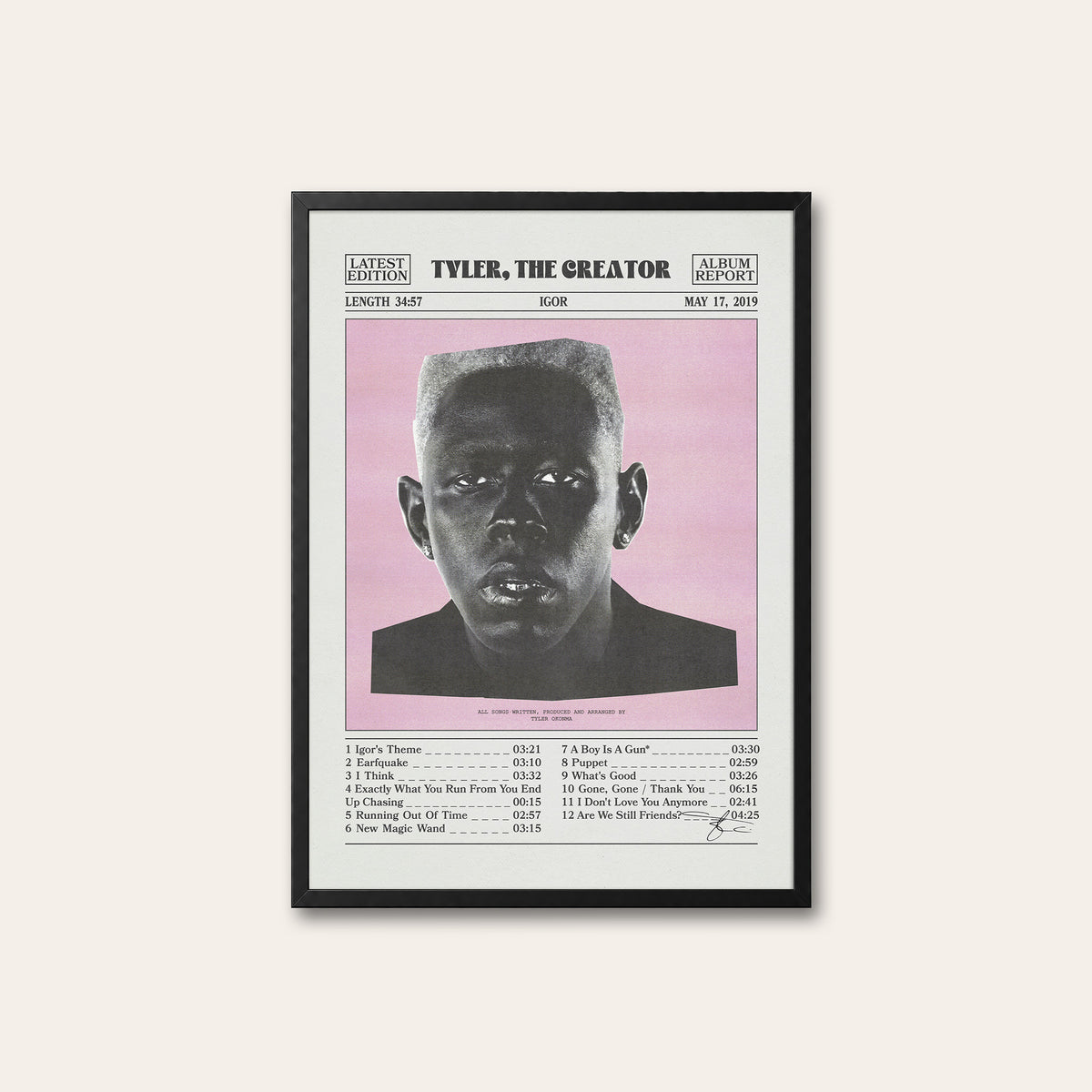 Tyler, the Creator Igor newspaper poster, Pink Tracklist — black frame