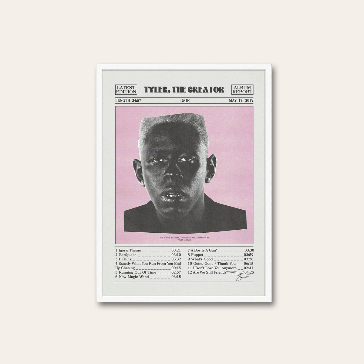Tyler, the Creator Igor newspaper poster, Pink Tracklist — white frame