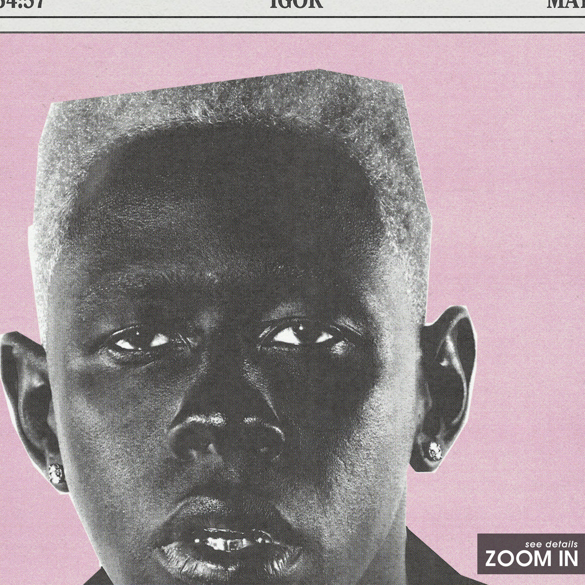 Tyler, the Creator Igor newspaper poster, Pink Tracklist — close-up detail