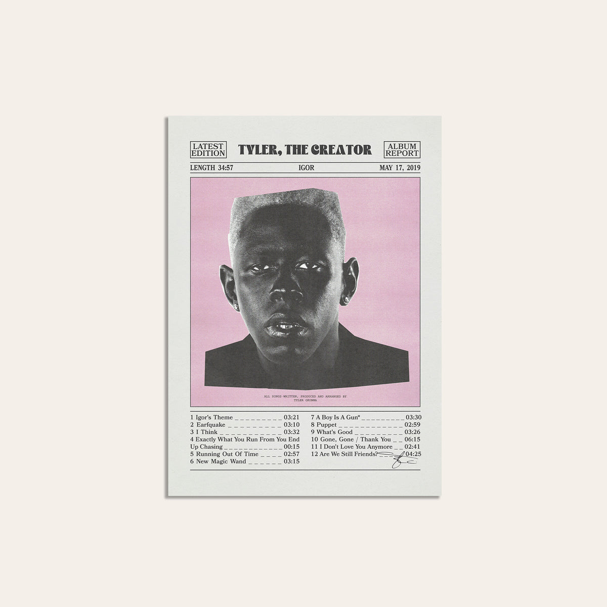 Tyler, the Creator Igor newspaper poster, Pink Tracklist — unframed print