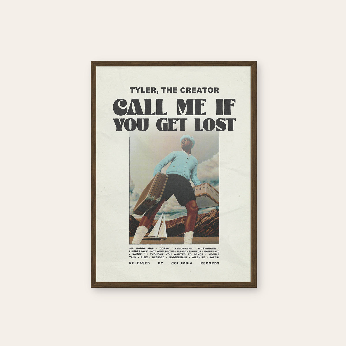 Tyler, the Creator Call Me If You Get Lost newspaper poster — dark wood frame