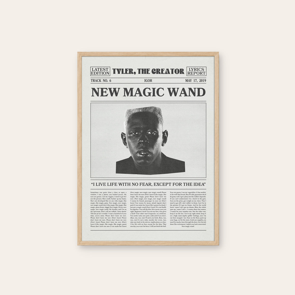 Tyler, the Creator New Magic Wand newspaper poster — natural wood frame