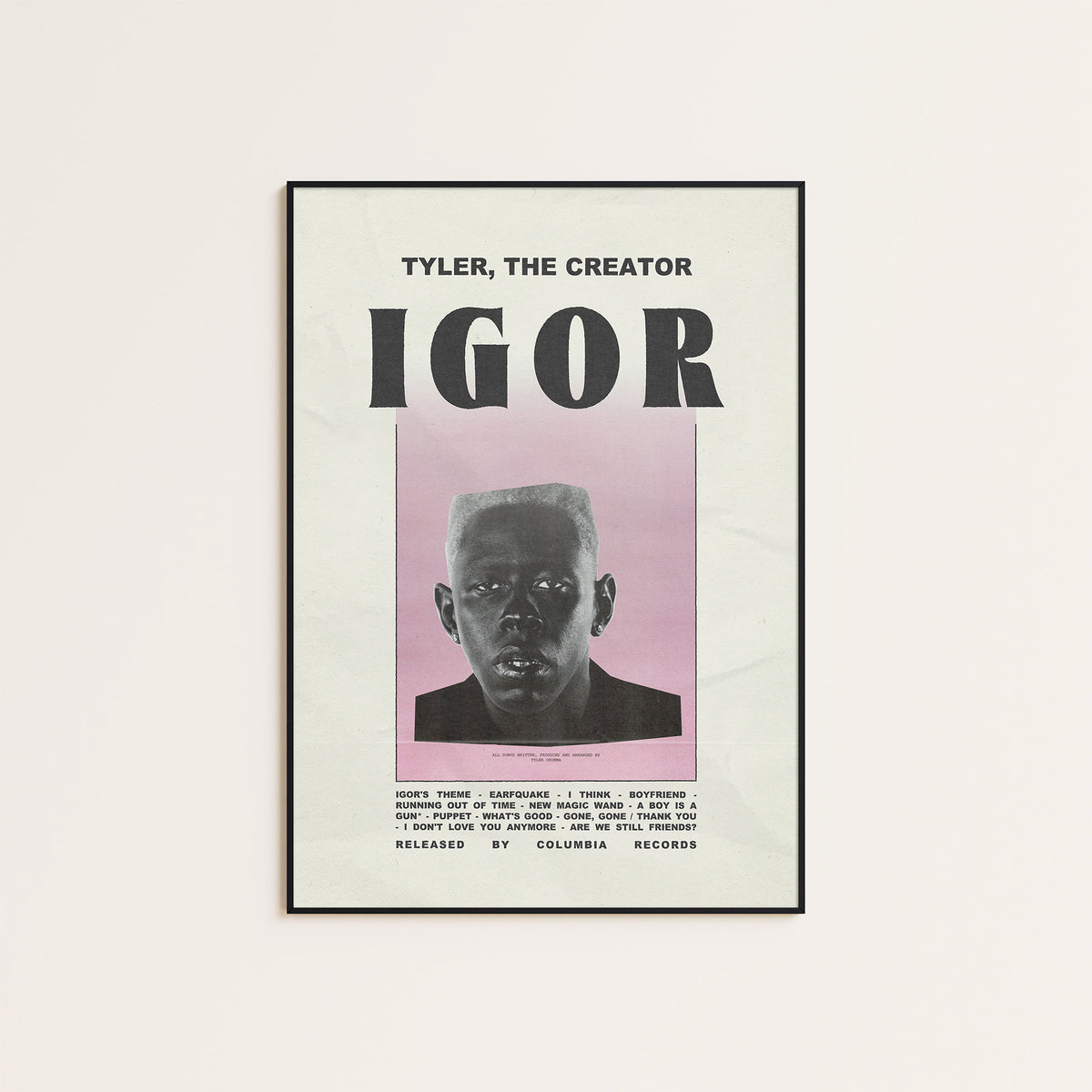 Tyler, the Creator Igor newspaper poster, Pink Headline — black frame display