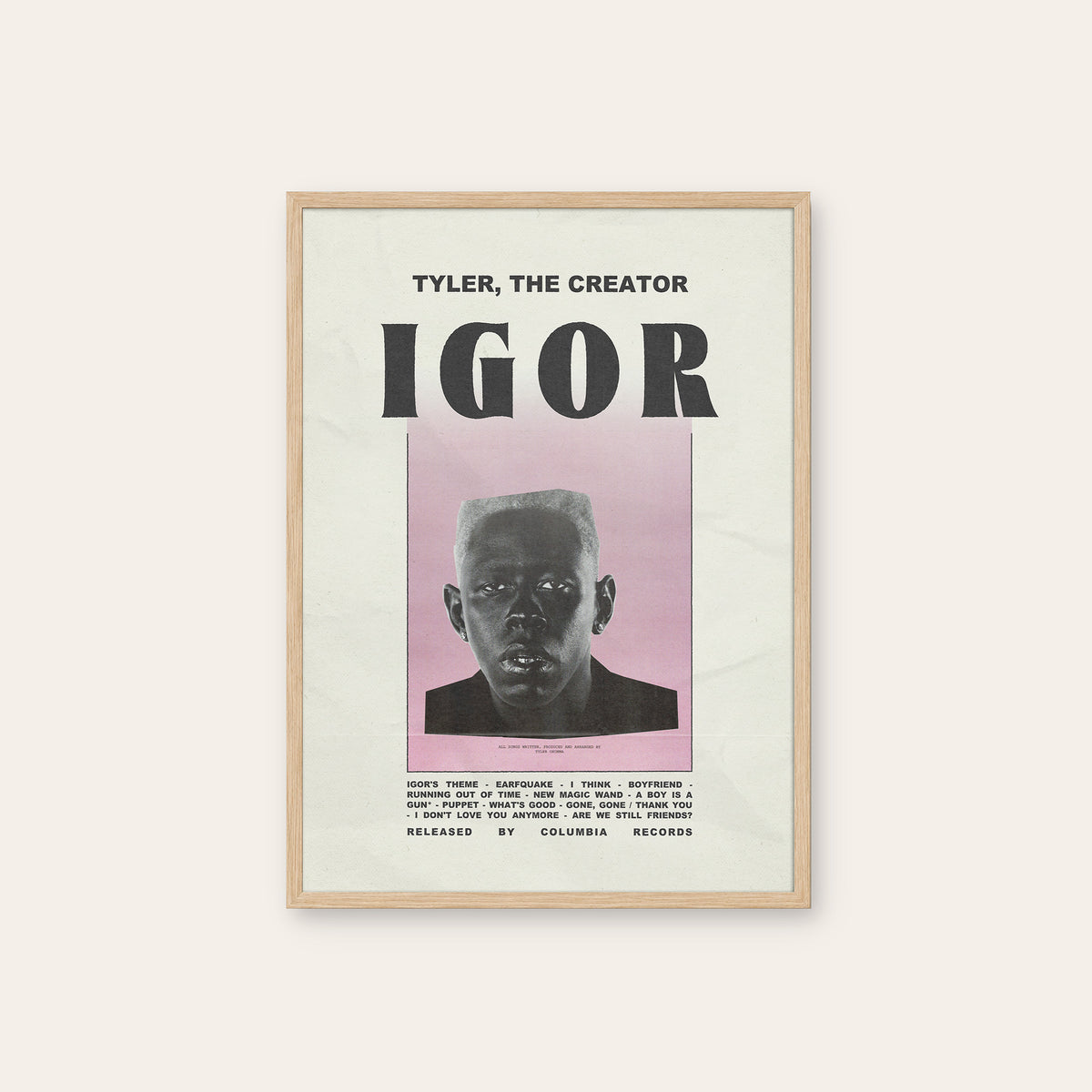Tyler, the Creator Igor newspaper poster, Pink Headline — natural wood frame