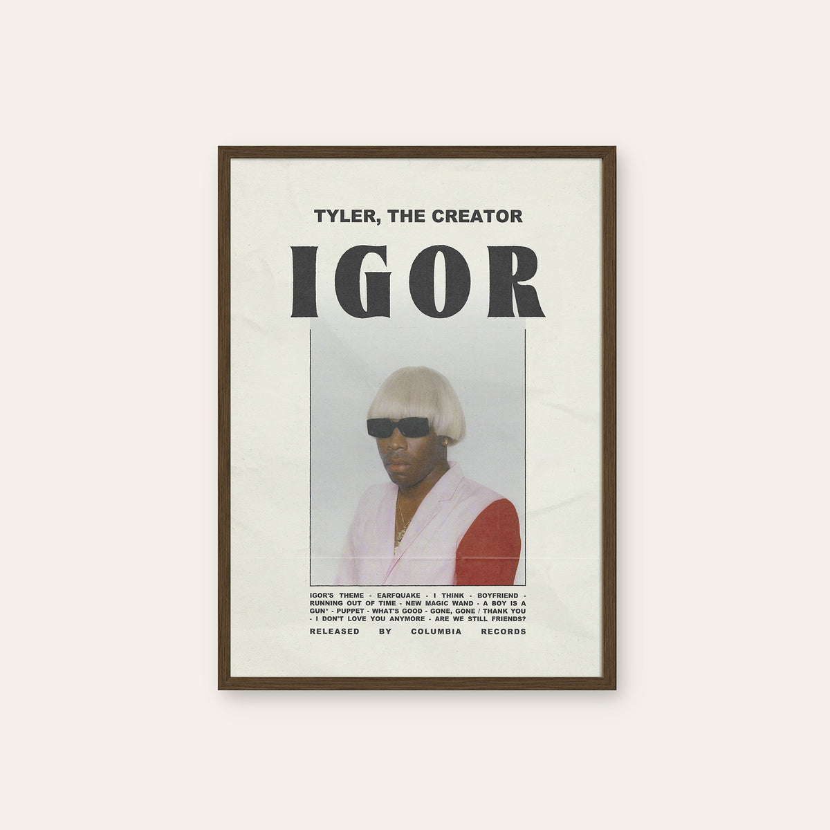 Tyler, the Creator Igor newspaper poster, Blond Portrait — dark wood frame