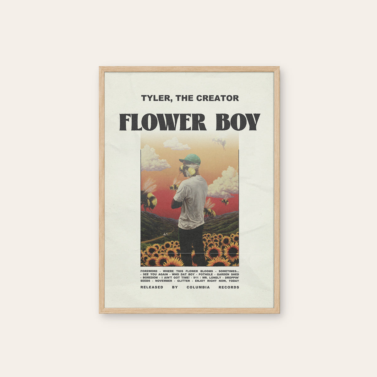 Tyler, the Creator Flower Boy newspaper poster — natural wood frame