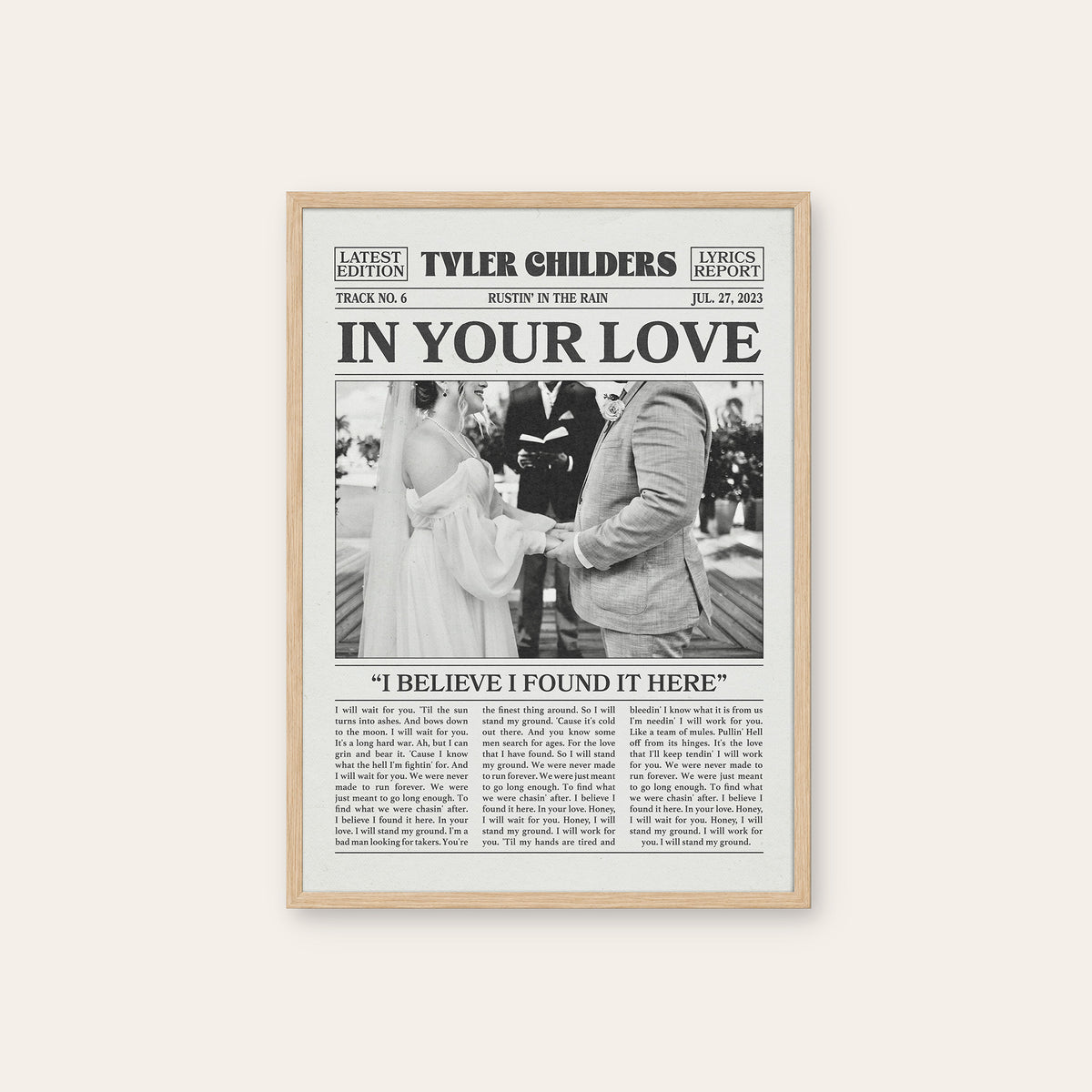 Tyler Childers In Your Love newspaper poster, Wedding — natural wood frame