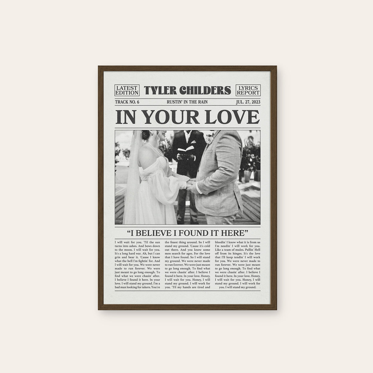 Tyler Childers In Your Love newspaper poster, Wedding — dark wood frame