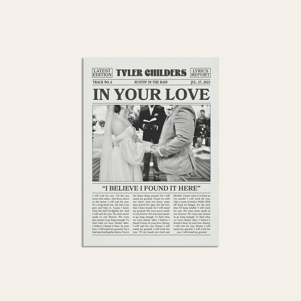 Tyler Childers In Your Love newspaper poster, Wedding — unframed print