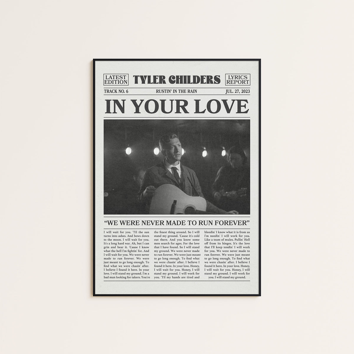 Tyler Childers In Your Love newspaper poster, Indoor Guitar — black frame display