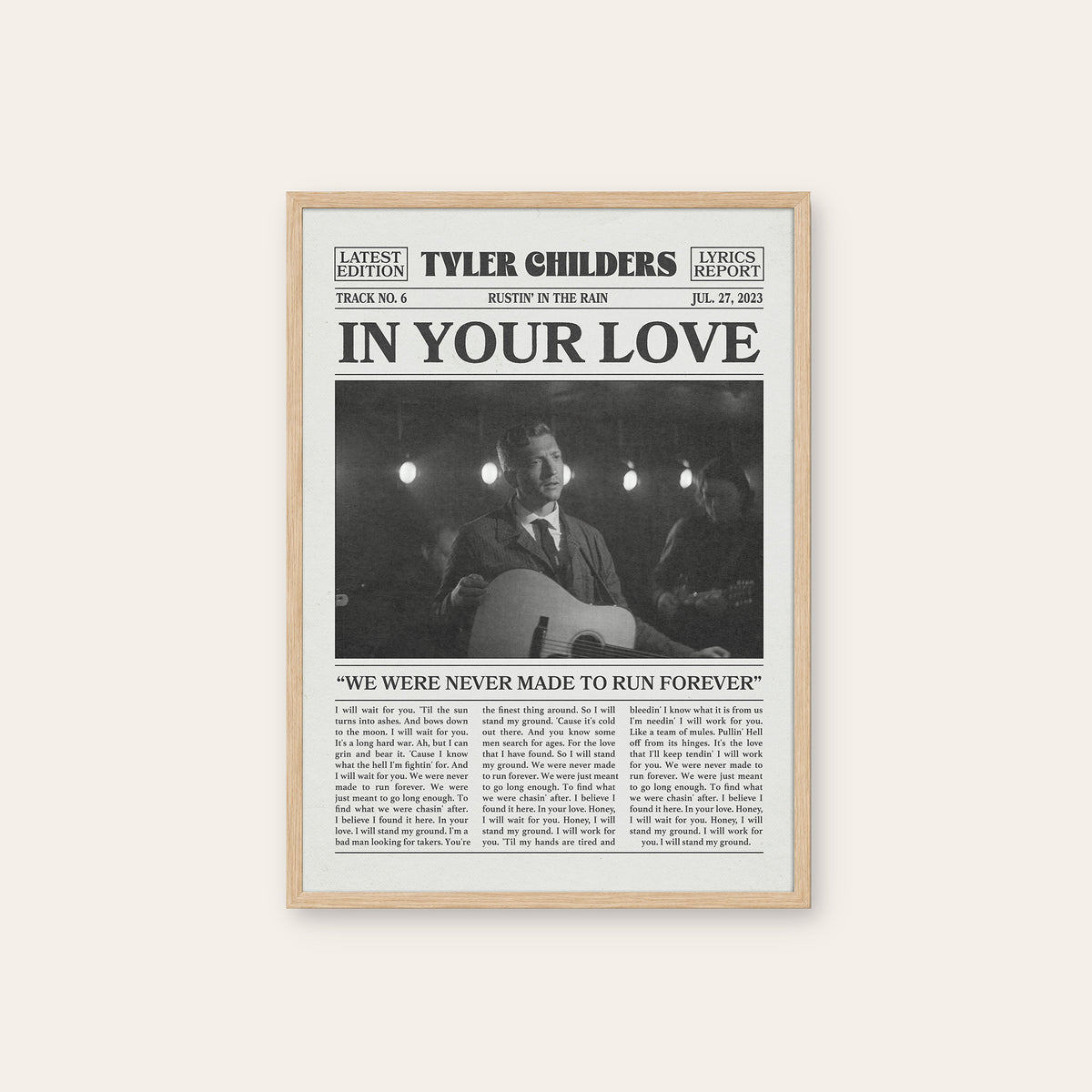 Tyler Childers In Your Love newspaper poster, Indoor Guitar — natural wood frame