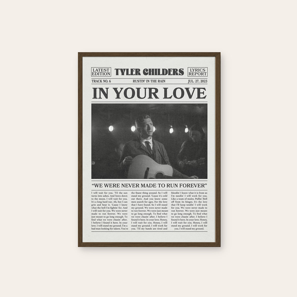 Tyler Childers In Your Love newspaper poster, Indoor Guitar — dark wood frame