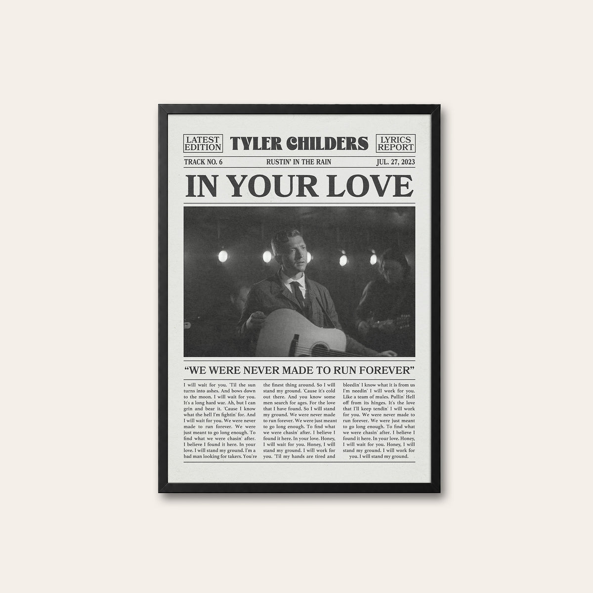 Tyler Childers In Your Love newspaper poster, Indoor Guitar — black frame