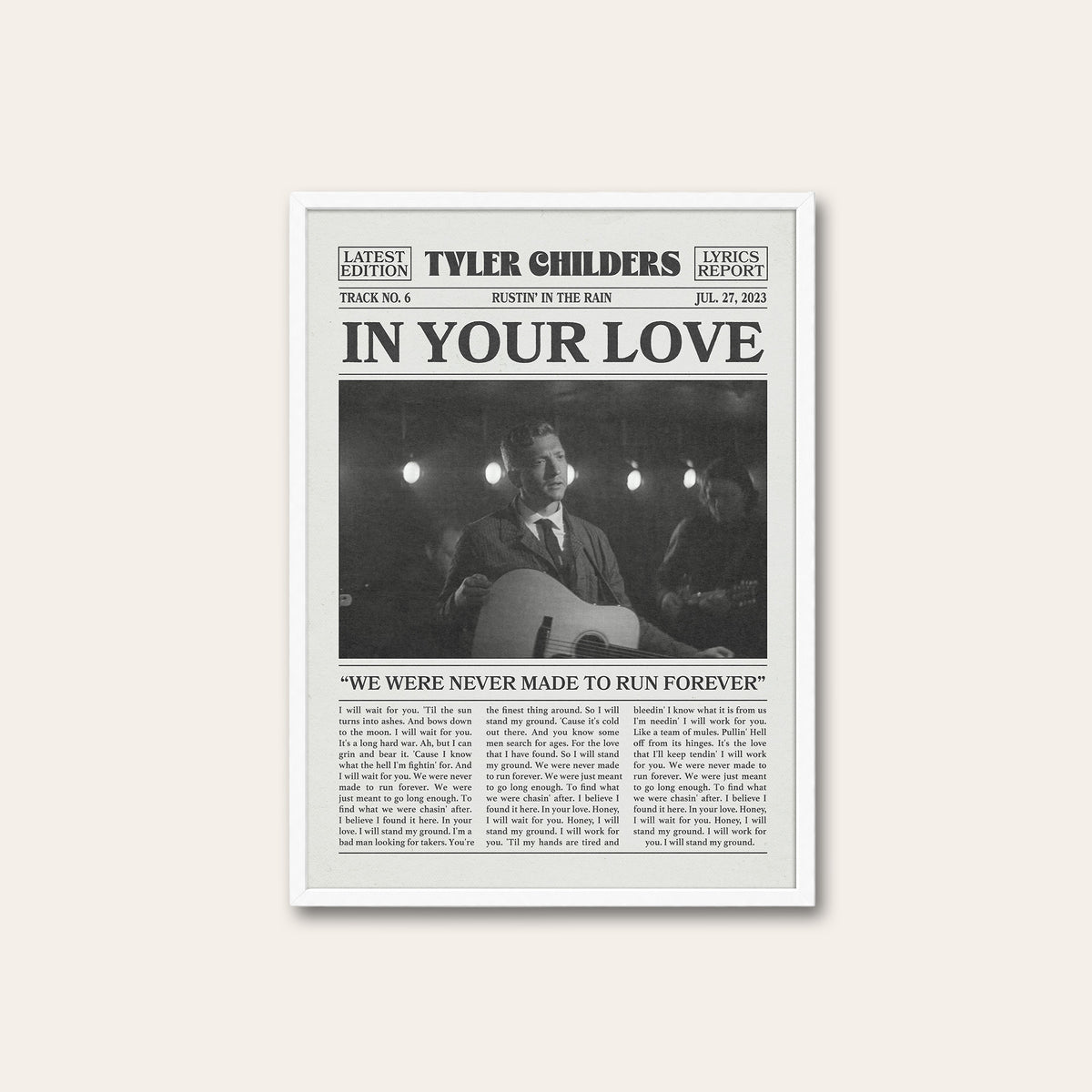 Tyler Childers In Your Love newspaper poster, Indoor Guitar — white frame