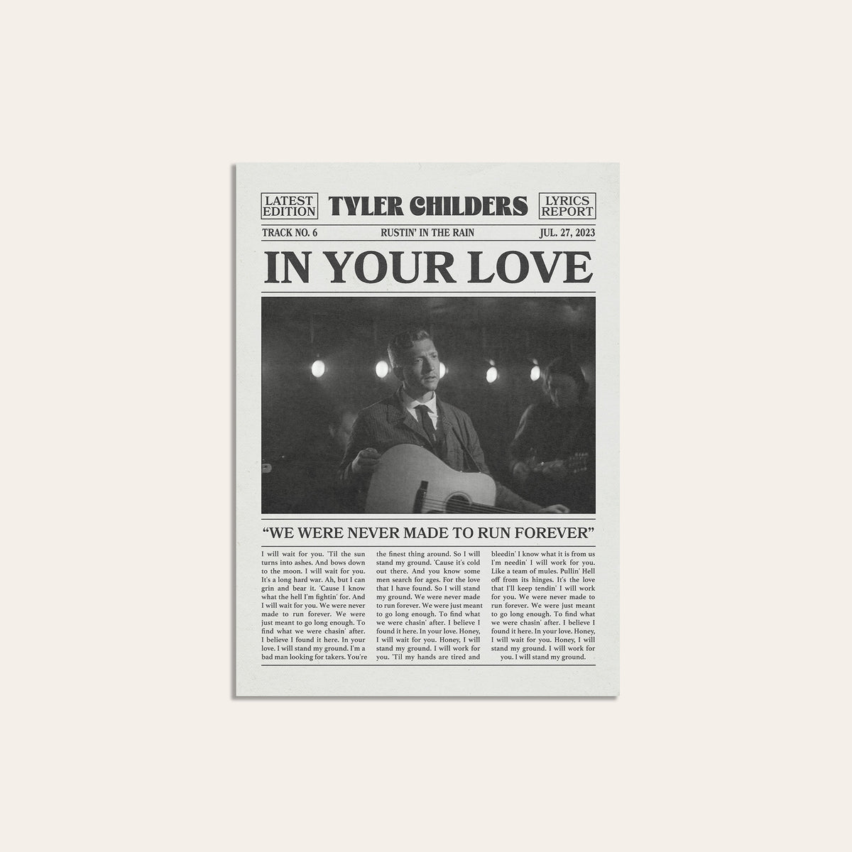 Tyler Childers In Your Love newspaper poster, Indoor Guitar — unframed print