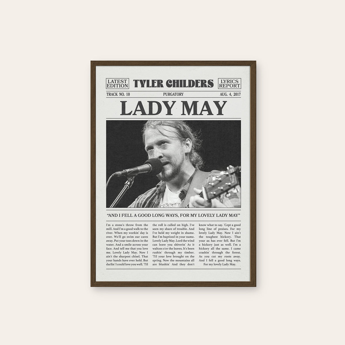 Tyler Childers Lady May newspaper poster — dark wood frame