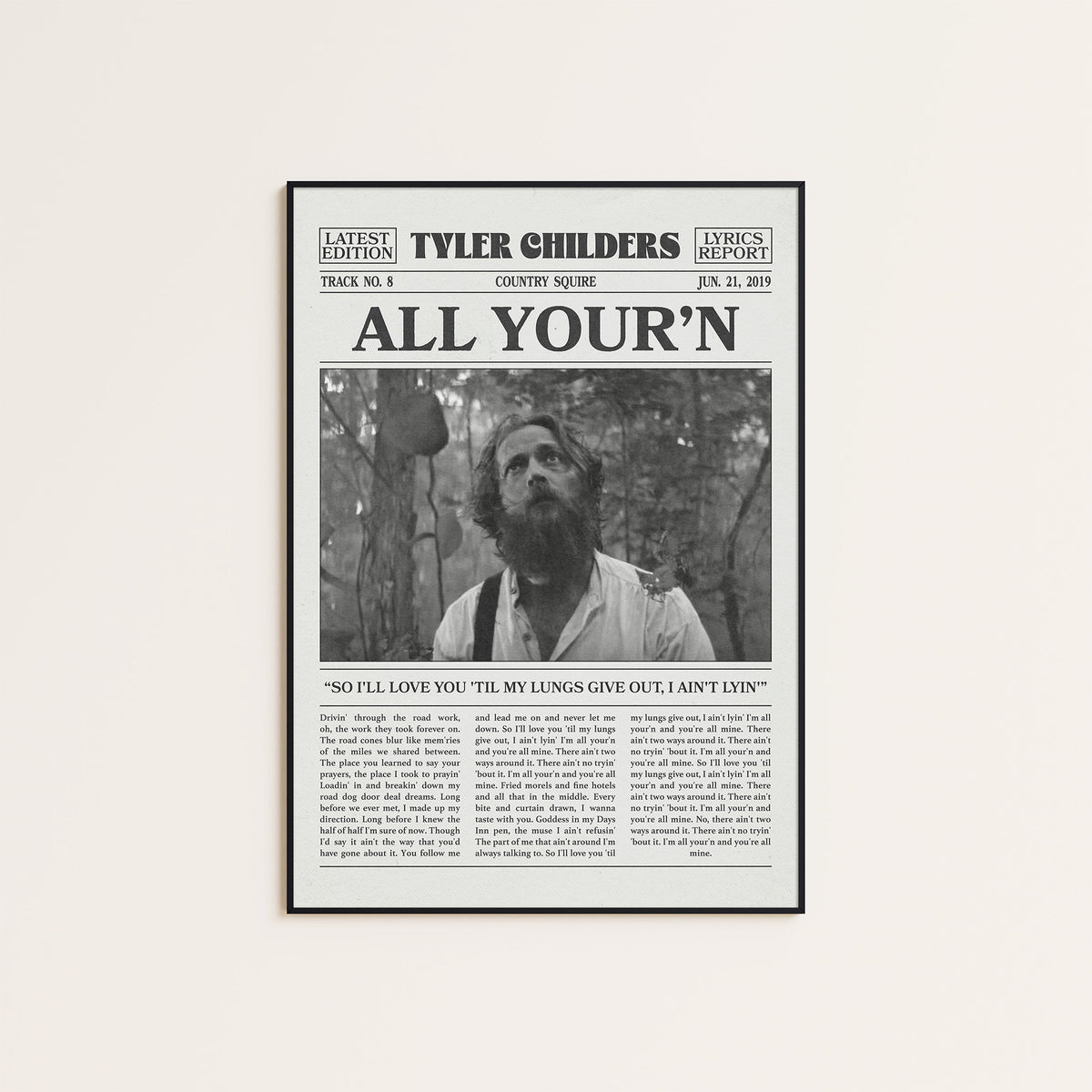 Tyler Childers All Your'n newspaper poster, Outdoor — black frame display
