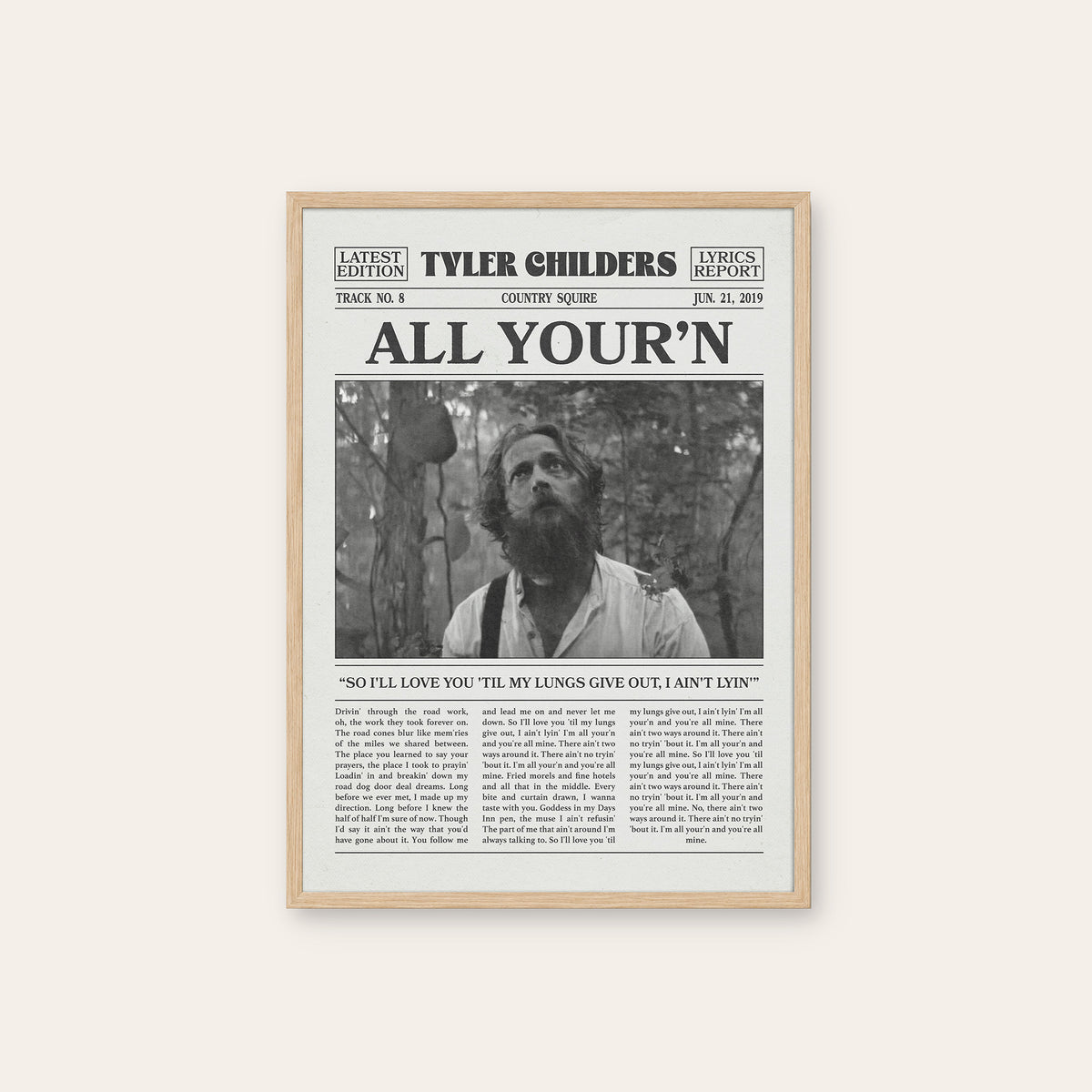 Tyler Childers All Your'n newspaper poster, Outdoor — natural wood frame