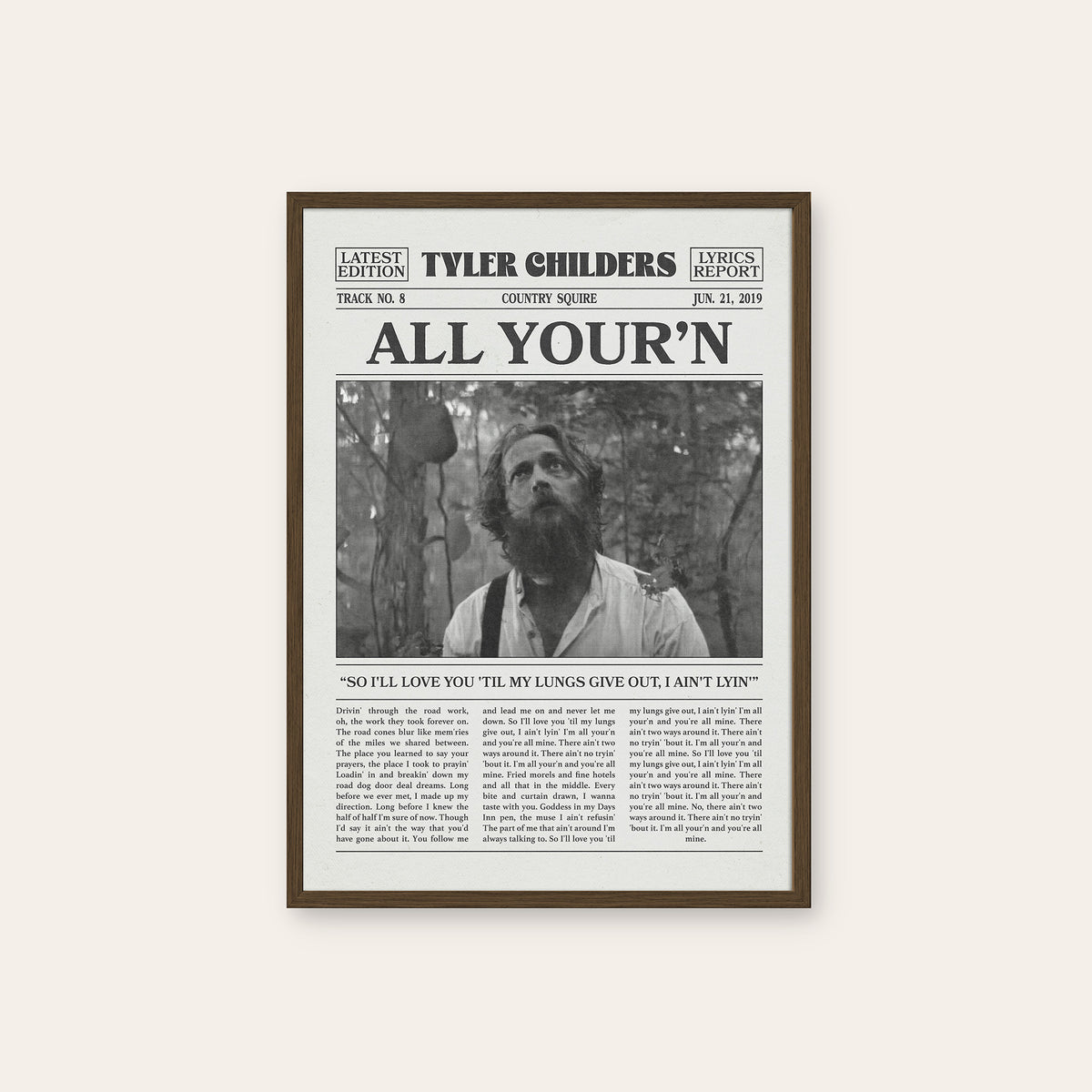 Tyler Childers All Your'n newspaper poster, Outdoor — dark wood frame