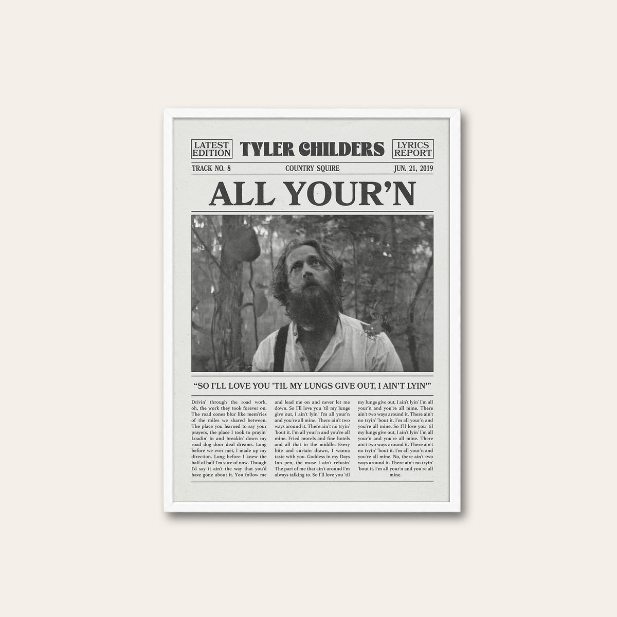 Tyler Childers All Your'n newspaper poster, Outdoor — white frame