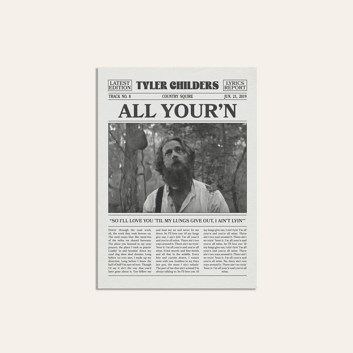 Tyler Childers All Your'n newspaper poster, Outdoor — unframed print