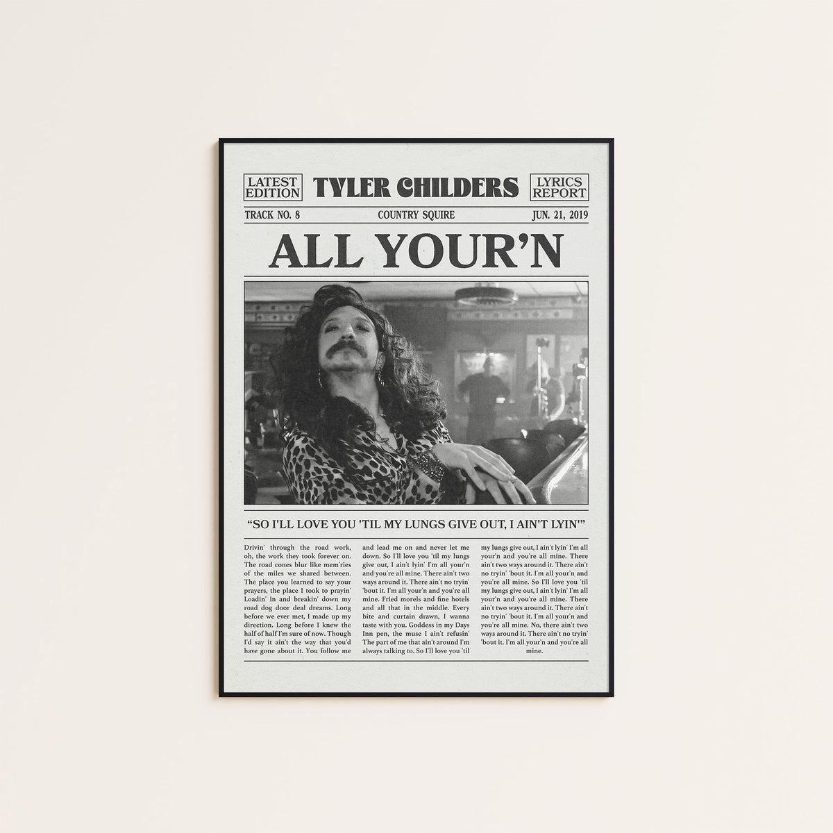 Tyler Childers All Your'n newspaper poster, Patterned Shirt — black frame display