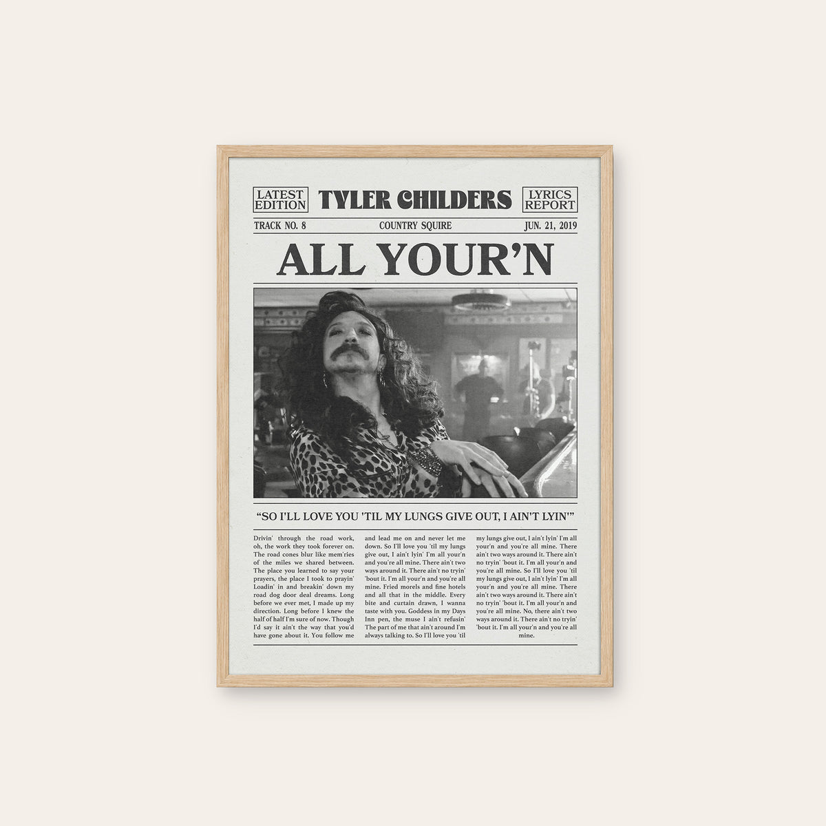 Tyler Childers All Your'n newspaper poster, Patterned Shirt — natural wood frame