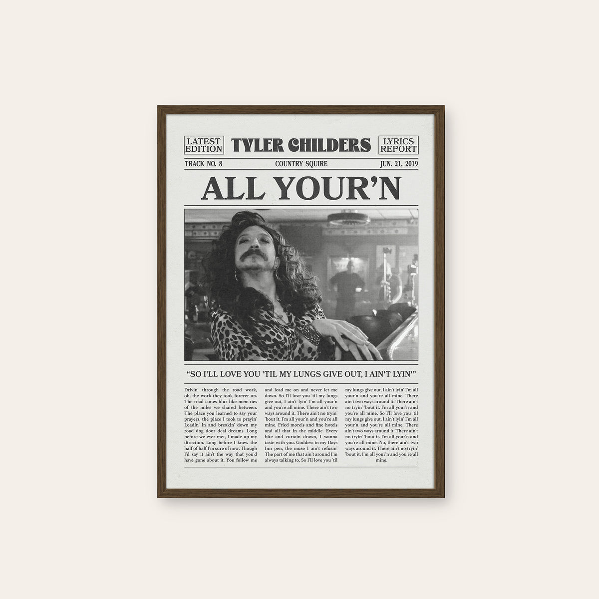 Tyler Childers All Your'n newspaper poster, Patterned Shirt — dark wood frame