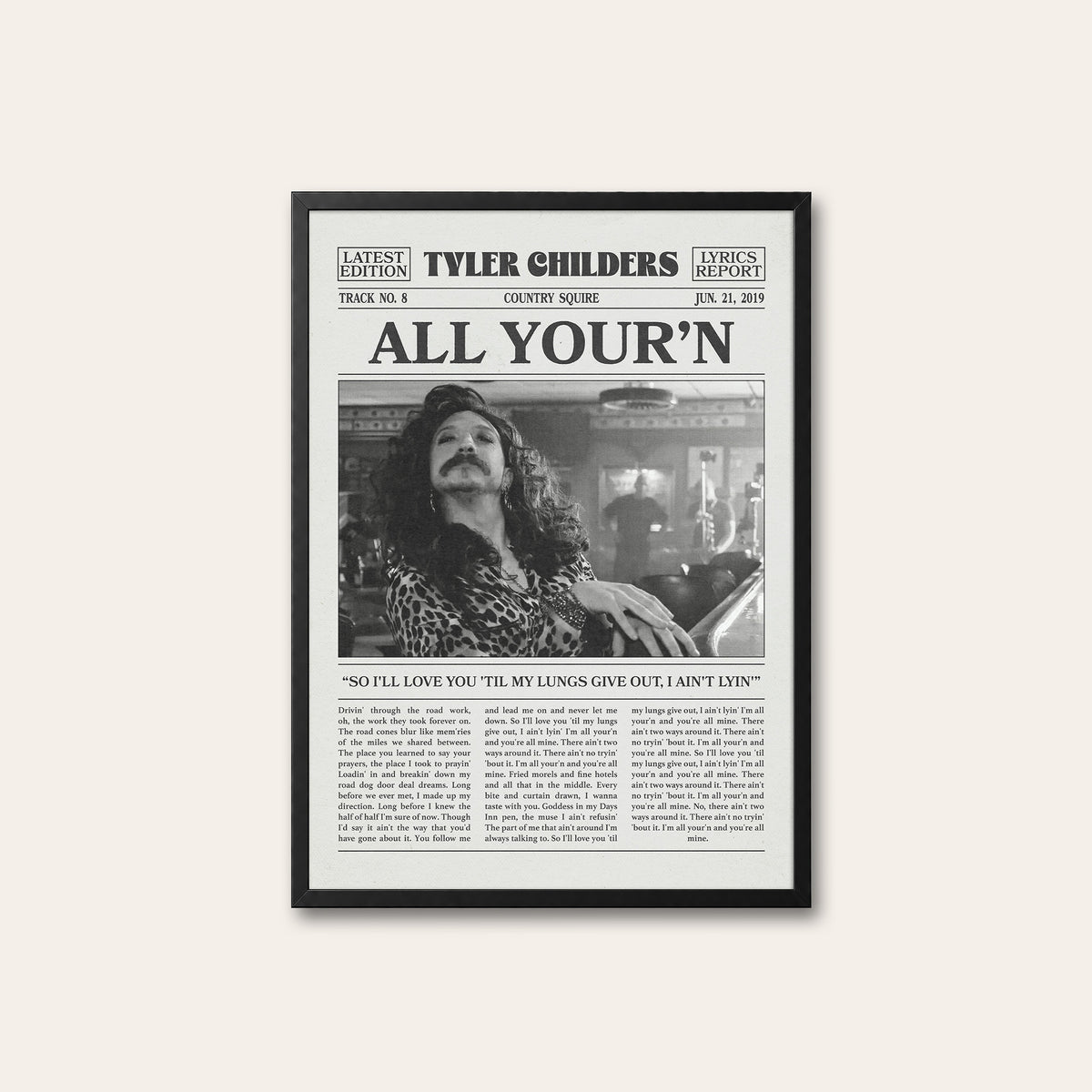 Tyler Childers All Your'n newspaper poster, Patterned Shirt — black frame